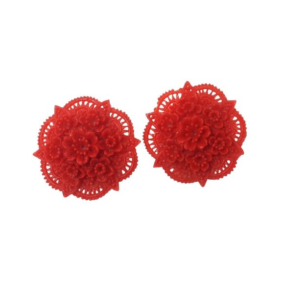 Vintage Celluloid Floral MCM Clip on Earrings Red Asian Inspired - Picture 2 of 5